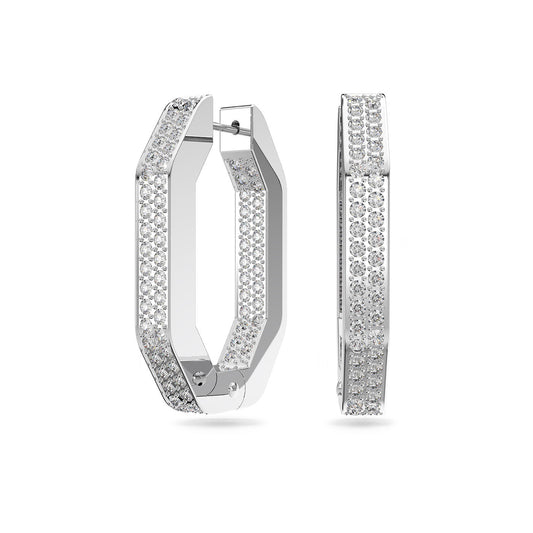 A pair of Swarovski Dextera Hoop Earrings adorned with small, sparkling diamonds features a hexagonal design. The earrings are displayed from the side and front, emphasizing their geometric shape and lustrous metallic finish.