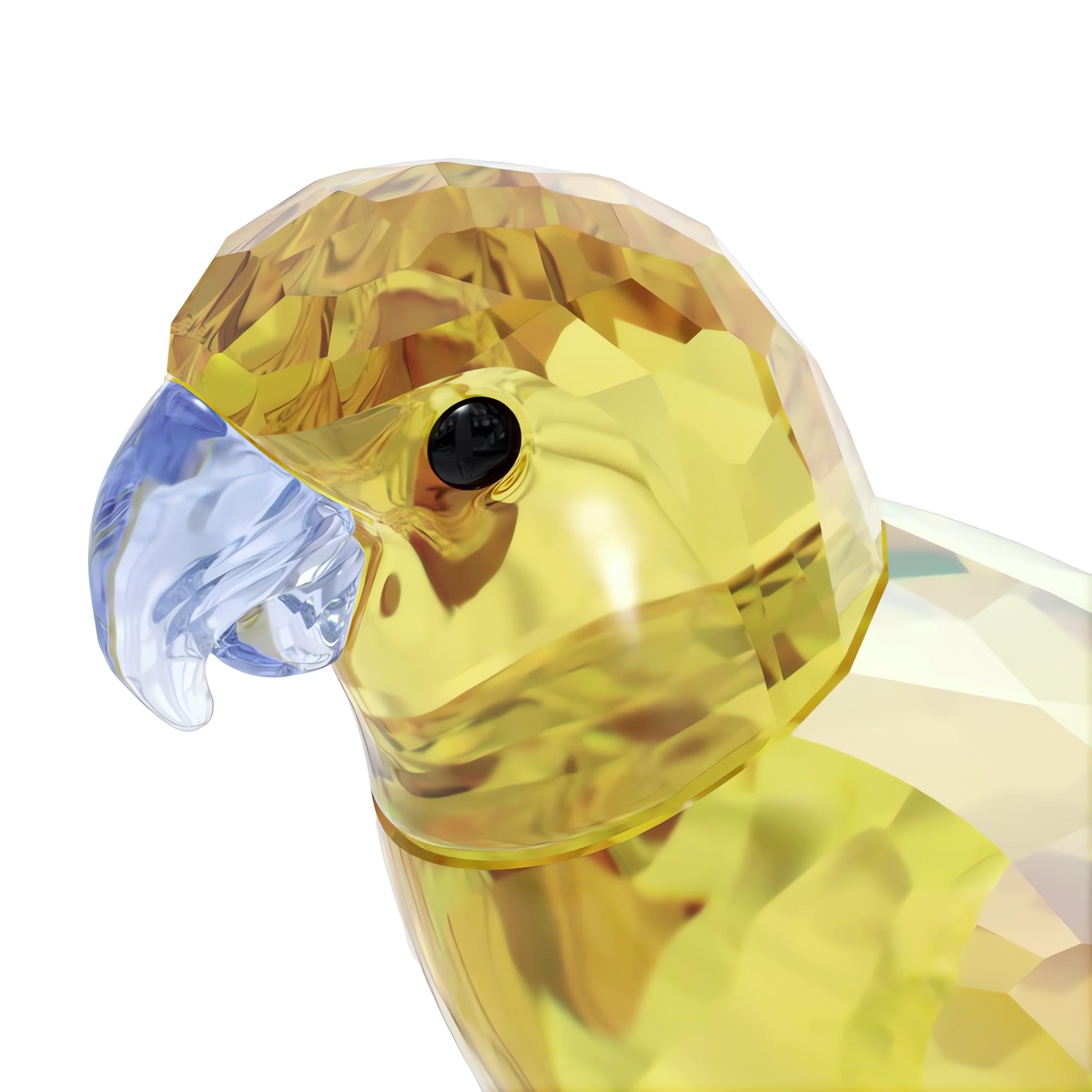 A close-up of the Swarovski Jungle Beats Yellow Parakeet Lechee figurine, featuring a faceted yellow crystal body and a translucent blue beak, from Swarovski, set against a white background.