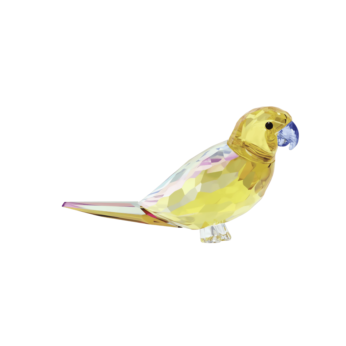The Swarovski Jungle Beats Yellow Parakeet Lechee by Swarovski is a small, faceted glass figurine inspired by the Jungle Beats collection, showcasing a vibrant yellow body reminiscent of a Yellow Parakeet, clear wings, and a blue beak, displayed on a plain white background.