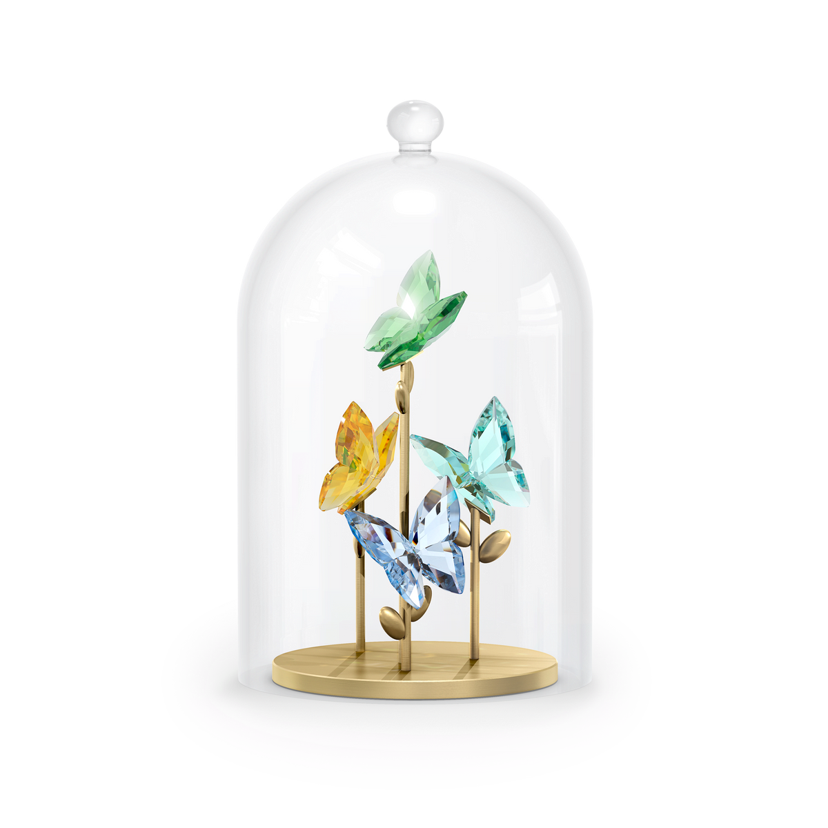 Four vibrant crystal butterflies from the Swarovski Jungle Beats Butterfly Bell Jar are perched on golden stems beneath a clear glass dome with a round handle, all resting on a round golden base against a simple, light background—an enchanting piece by Swarovski.