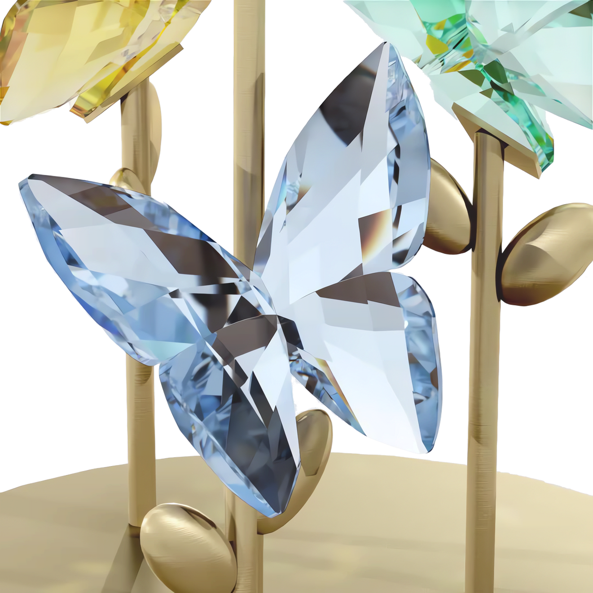 A close-up of a blue crystal butterfly perched on a gold stem, reminiscent of the enchanting Swarovski Jungle Beats Butterfly Bell Jar by Swarovski, with hints of other colored crystal butterflies and gold accents in the background.