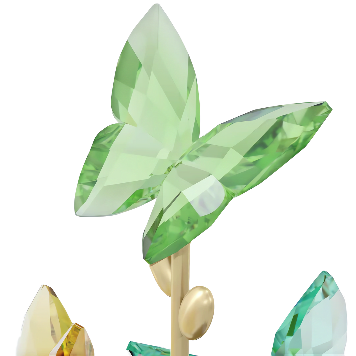 The Swarovski Jungle Beats Butterfly Bell Jar by Swarovski features a green crystal butterfly resting on a gold-colored stem with oval accents, displayed against a plain white background.