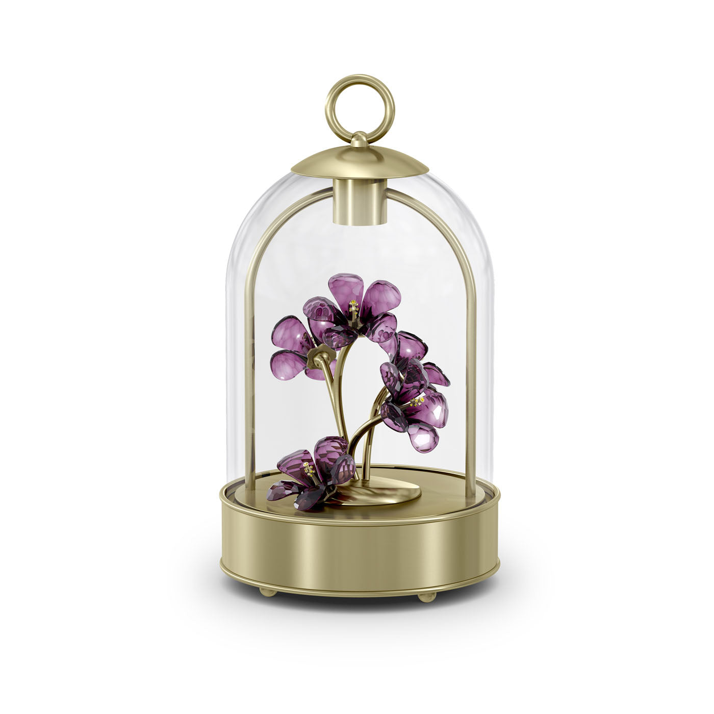 The Swarovski Garden Tales Hibiscus LED Lantern Crystal Home Decor by Swarovski features a decorative glass dome encasing a gold metal stem with purple hibiscus flowers, making it an elegant addition to any home. A loop handle on the gold base adds a touch of charm, reminiscent of an ornamental LED lantern.