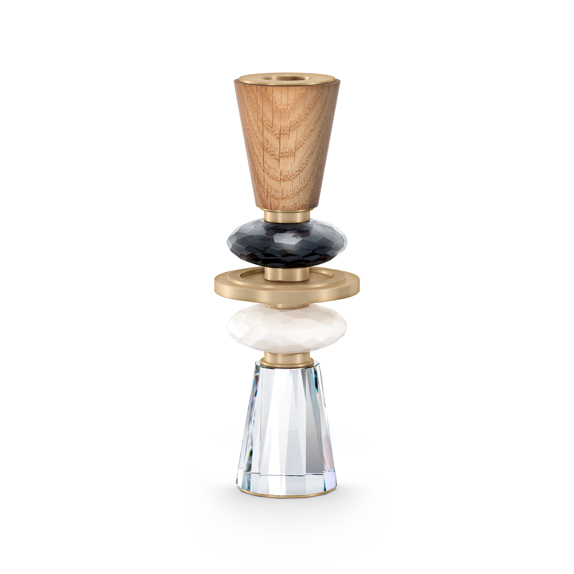 The Swarovski Elegance of Africa Candle Holder Ujamaa Crystal Home Décor showcases a sophisticated design with its wooden top, dark gem-like element, gold accent, milky white sphere, and a faceted clear glass base that mirrors the elegance of crystal candle holders.