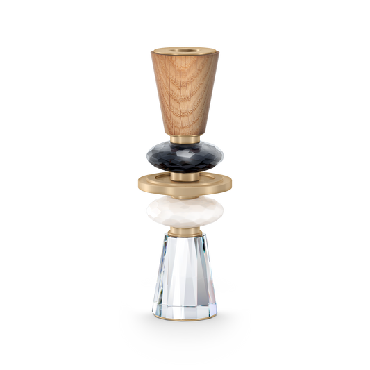 The Swarovski Elegance of Africa Candle Holder Ujamaa Crystal Home Décor showcases a sophisticated design with its wooden top, dark gem-like element, gold accent, milky white sphere, and a faceted clear glass base that mirrors the elegance of crystal candle holders.