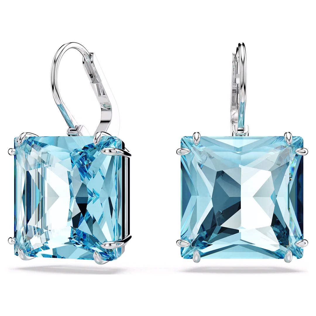 Introducing the Swarovski Millenia Drop Earrings, a sophisticated pair featuring large, square-cut aquamarine gemstones set in rhodium-plated silver prongs. With a classic lever-back closure, these earrings exhibit a vibrant blue hue and capture light beautifully with their faceted surfaces.
