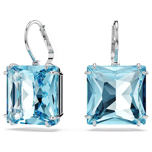 Introducing the Swarovski Millenia Drop Earrings, a sophisticated pair featuring large, square-cut aquamarine gemstones set in rhodium-plated silver prongs. With a classic lever-back closure, these earrings exhibit a vibrant blue hue and capture light beautifully with their faceted surfaces.