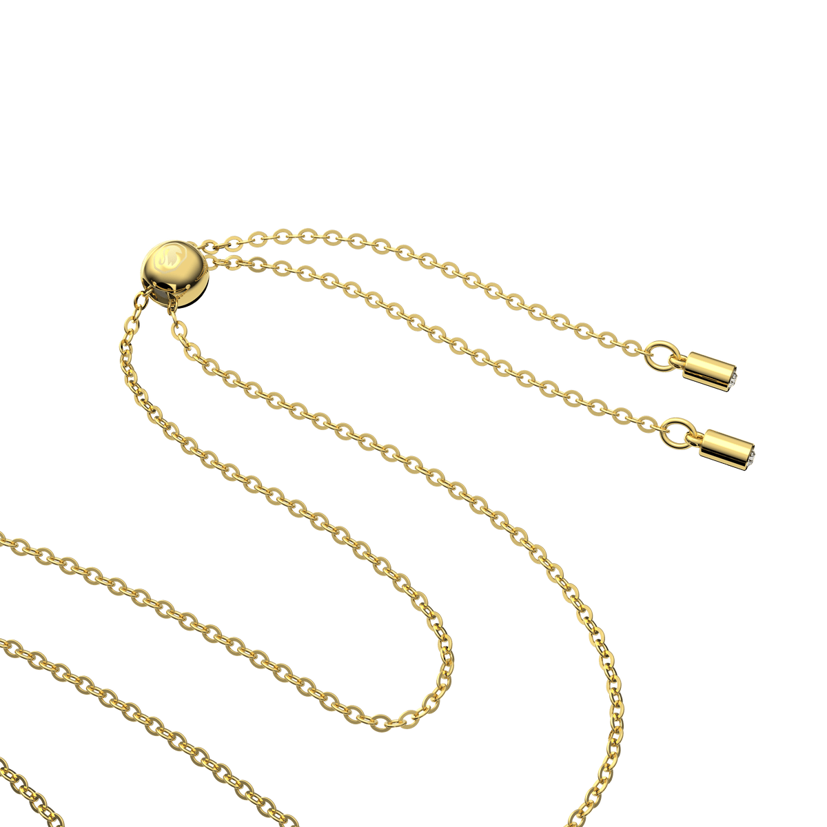 A gold-tone plated adjustable chain necklace featuring an octagon-cut green pendant, inspired by the refined design of Swarovski’s Millenia collection, is displayed on a white background.