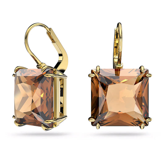 The Swarovski Millenia Drop Earrings feature exquisite, square-cut amber gemstones set securely in prongs, all elegantly finished with a gold-tone plating. Displayed from two angles, these earrings from the renowned Swarovski brand exude timeless sophistication and charm.