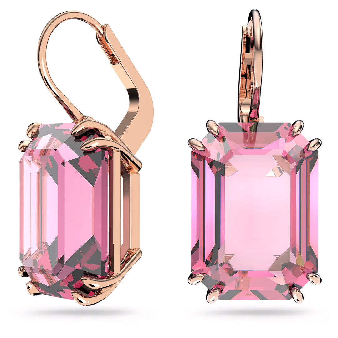 The Swarovski Millenia Drop Earrings, crafted by Swarovski, showcase large octagon-cut pink gemstones in a rose gold-tone plating and feature a secure lever-back closure, exemplifying the elegant and modern style of the Millenia family.