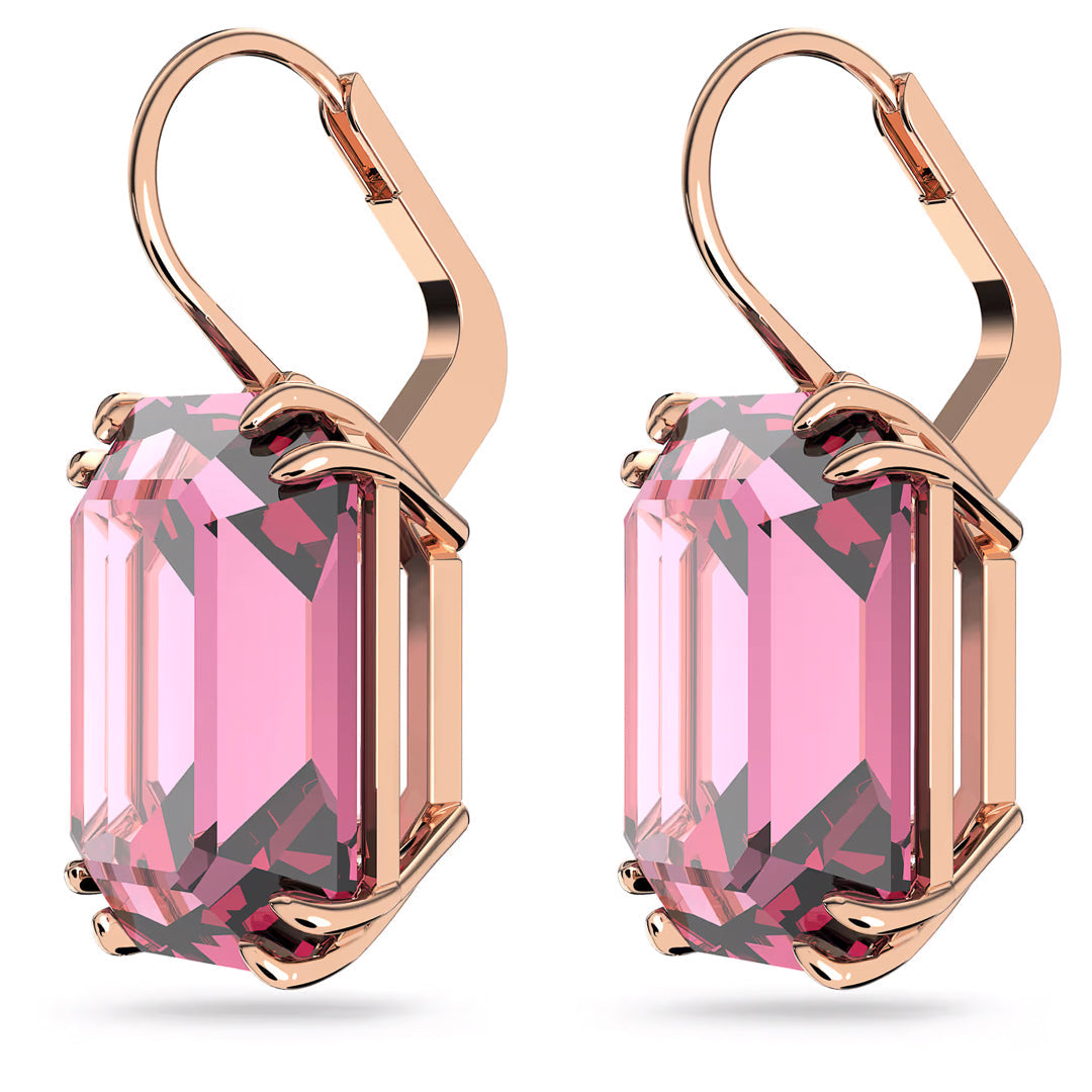 These exquisite Swarovski Millenia Drop Earrings from the renowned Swarovski brand showcase large, octagon-cut crystals with a stunning faceted design in a rose gold-tone plated setting. The secure latch back closures provide a sleek and elegant wear.