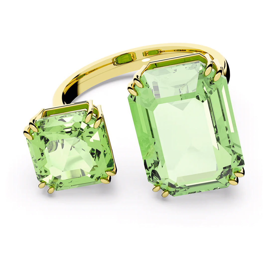 This exquisite Swarovski Millenia Open Ring features two large rectangular green gemstones secured in open prongs, offering a modern and bold aesthetic. The overlapping design on a plain white base is reminiscent of octagon-cut crystals, making it a standout piece in the collection.