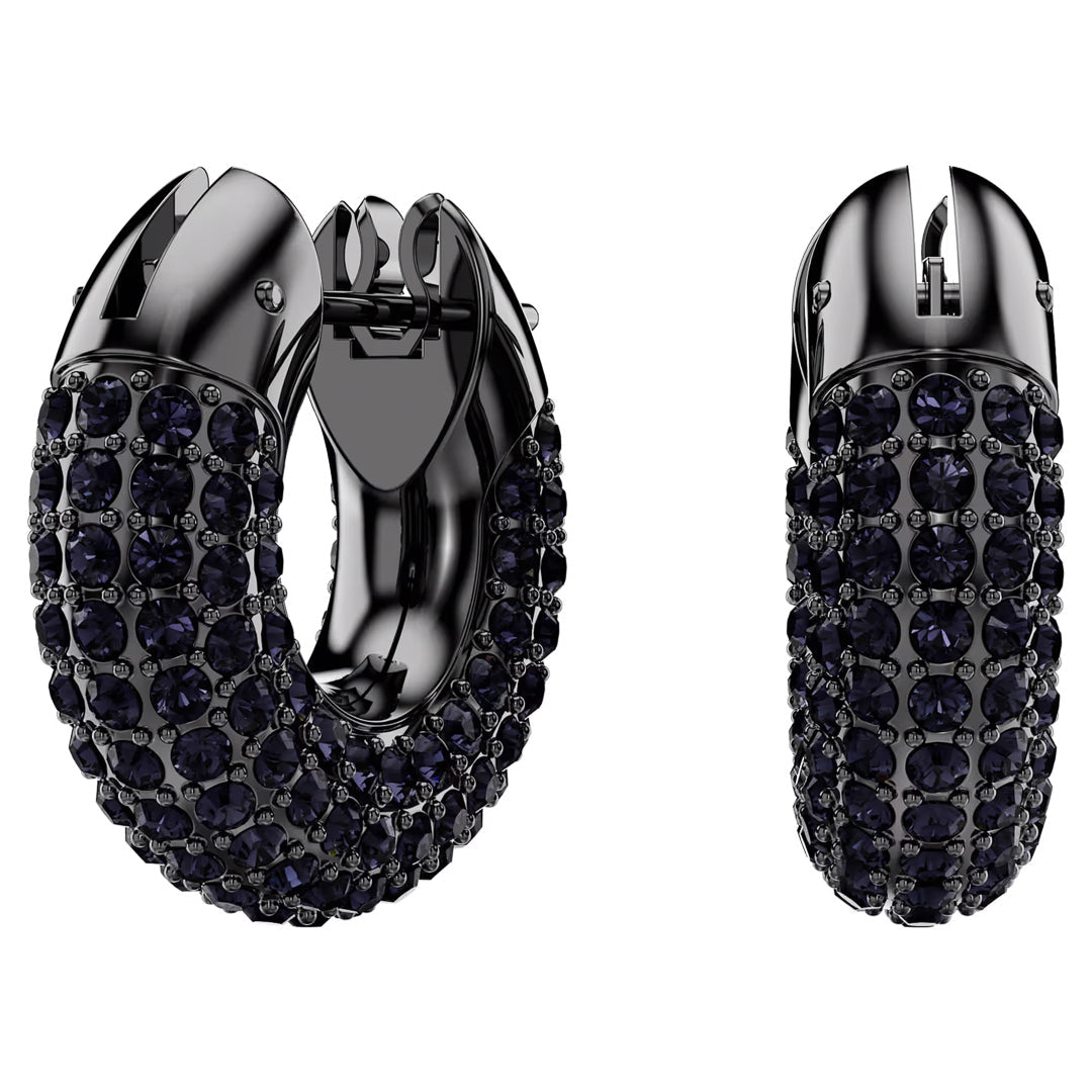 Introducing the Swarovski Dextera Hoop Earrings by Swarovski—a pair of stylish black hoops adorned with shimmering dark crystals. Finished with a modern ruthenium plating, these earrings boast a secure clasp at the top and embody an elegant and sophisticated charm.