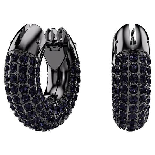 Introducing the Swarovski Dextera Hoop Earrings by Swarovski—a pair of stylish black hoops adorned with shimmering dark crystals. Finished with a modern ruthenium plating, these earrings boast a secure clasp at the top and embody an elegant and sophisticated charm.