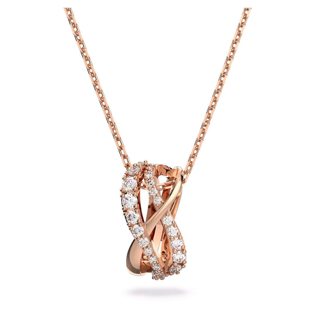 The Swarovski Hyperbola Necklace Pendant by Swarovski features a delicate rose-gold tone chain with interlocking loop pendants adorned in small white zirconia.