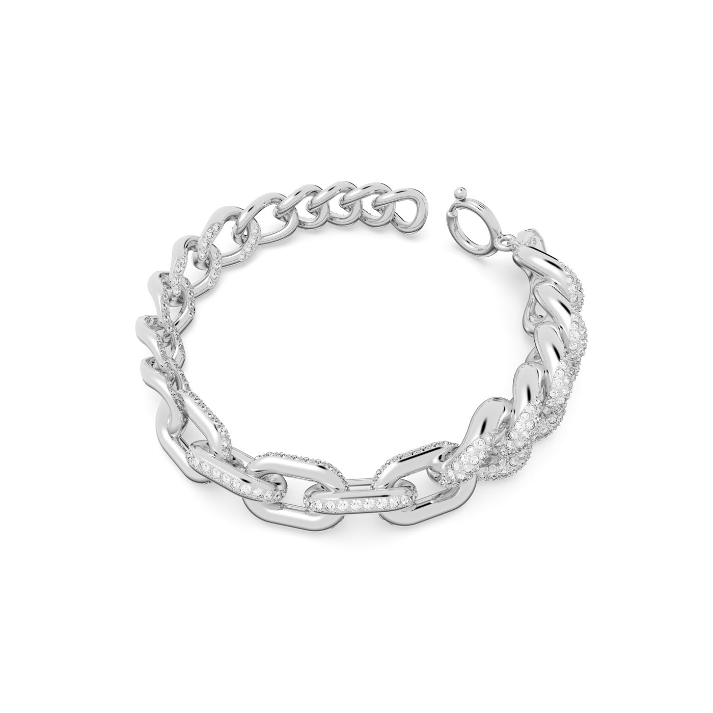 The Swarovski Pavé Dextera Bracelet by Swarovski is a gender-neutral accessory showcasing a silver chain link design secured with a lobster clasp. Certain links are embellished with the stunning Swarovski pavé technique, featuring small, sparkling diamonds. The bracelet is beautifully arranged in a circular shape against a white background.