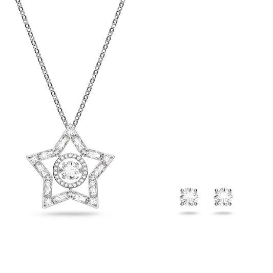 Explore the Swarovski Mixed Cuts Stella Necklace and Earrings Set, which includes a rhodium-plated necklace featuring a star-shaped pendant adorned with dazzling stones on an elegant chain. This set beautifully complements the matching zirconia earrings, each showcasing a single round stone. The star pendant gracefully surrounds a smaller circle of brilliant stones.