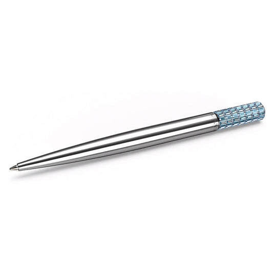 The Swarovski Ballpoint Pen, a stunning silver pen embellished with radiant crystals and equipped with a textured blue grip, is elegantly displayed against a plain white backdrop.