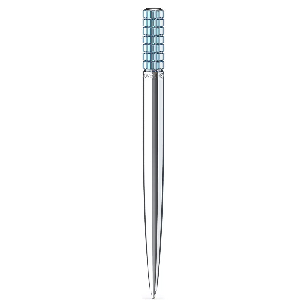 The Swarovski Ballpoint Pen features a sleek, silver design with a reflective metallic body and a textured grip adorned with light blue geometric patterns. Standing against a plain white background, its appearance is reminiscent of dazzling crystals.