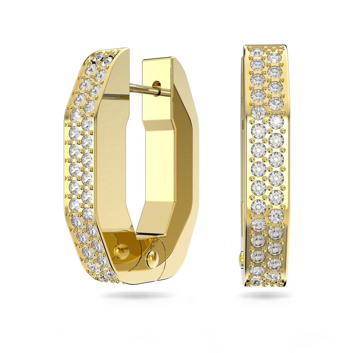 Two gold hoop earrings with flat edges are displayed side by side, each adorned with multiple small, round white gemstones on the front-facing surfaces, set against a plain white background. These Swarovski Dextera Hoop Earrings from Swarovski bring a touch of sophisticated sparkle to any look and are available at Raffi Jewellers as part of the official Swarovski Canada collection.