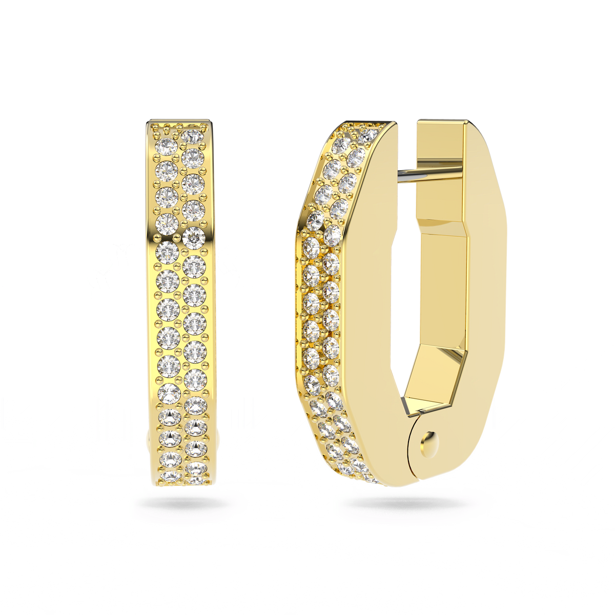 Adorned with two rows of small, sparkling white stones and featuring a stylish geometric hoop design, the Swarovski Dextera Hoop Earrings by Swarovski are showcased against a plain white background—available at Raffi Jewellers and Swarovski Canada.