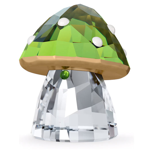 The Swarovski Holiday Cheers Green Mushroom Home Décor, crafted by Swarovski, features a crystal mushroom figurine with a faceted clear stalk and a vibrant gem-like green cap adorned with five white spots. Its clear base enhances its sparkling effect, making it the perfect festive décor for adding a touch of holiday cheer to any display.