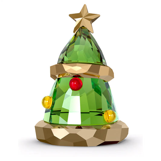 Introducing the Swarovski Holiday Cheers Christmas Tree Home Décor by Swarovski: a decorative green crystal figurine adorned with a gleaming gold star atop, embellished with red and yellow ornaments, and positioned on an intricately faceted gold base. This exquisite piece is ideal for enhancing your festive season decorations.