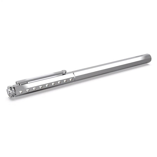 The Swarovski Ballpoint Pen from Swarovski is a sophisticated silver accessory featuring dazzling gem accents along the barrel and a prominent clear crystal on the cap. Its slender, hexagonal shape combined with chrome-plated detailing enhances its sleek and contemporary look.