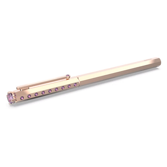 This exquisite Swarovski Ballpoint Pen by the renowned brand Swarovski features a sophisticated gold-toned barrel with a hexagonal design. Pink gemstones embellish the clip and top, enhancing the luxurious appeal of this crystal writing instrument.