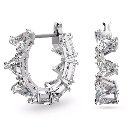 Introducing the Swarovski Matrix Hoop Earrings by Swarovski: Skillfully crafted in rhodium-plated silver, these hoop earrings showcase a captivating array of triangular-cut clear gemstones. Each zirconia is gracefully secured in exquisite settings, resulting in an elegant and dazzling look.