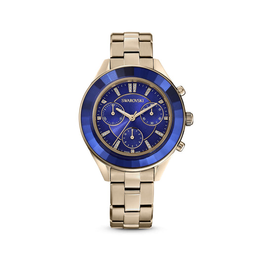 Swarovski's Swiss Made craftsmanship shines in the Stainless Steel Champagne-Gold Tone Octea Lux Sport Bracelet, showcasing a sapphire-blue dial adorned with three subdials, crystal accents, and "Swarovski" branding. This chronograph watch features a polished finish and a link bracelet, embodying timeless elegance.