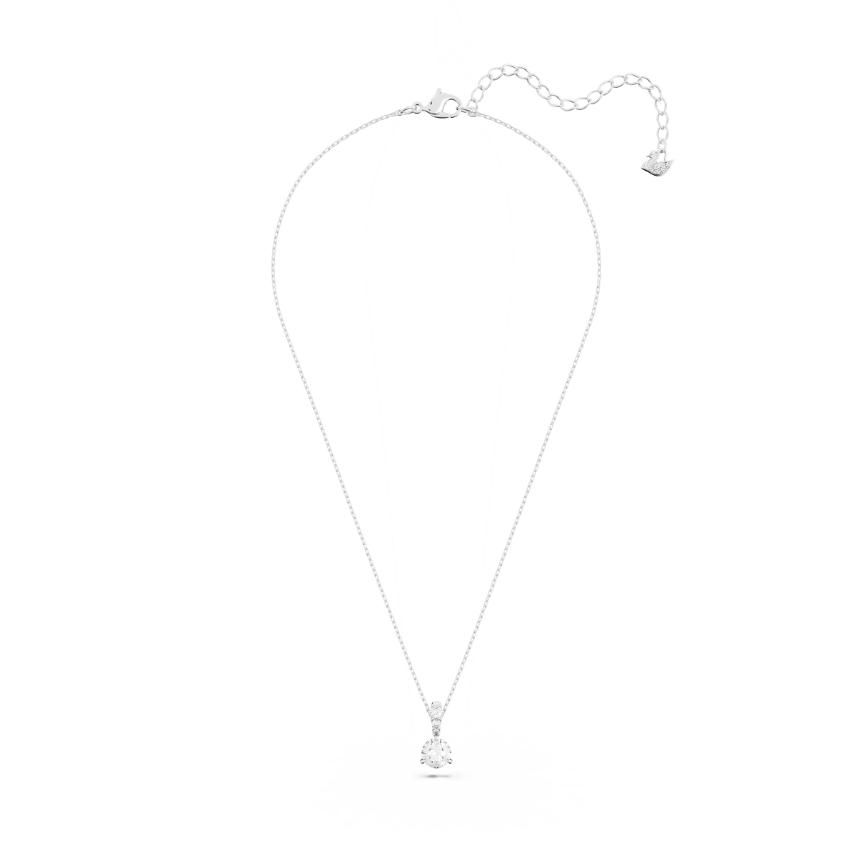 Swarovski Solitaire Pendant Necklace White Rhodium by Swarovski, featuring a teardrop-shaped pendant with a clear Swarovski gemstone at its center and finished in lustrous rhodium, displayed on a plain white background—a sophisticated accessory inspired by modern Canadian elegance.