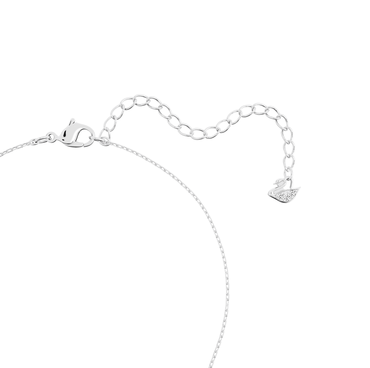 The Swarovski Solitaire Pendant Necklace White Rhodium features a delicate rhodium-plated chain with an adjustable length, secured by a lobster clasp, and showcases a sparkling solitaire crystal pendant. Presented on a white background, this necklace from Swarovski embodies timeless elegance and refined style.