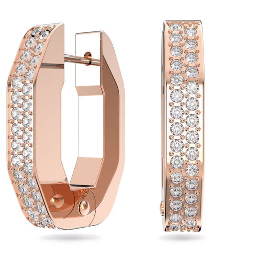 The Swarovski Dextera Hoop Earrings by Swarovski feature a rectangular design crafted in rose gold-tone with a double row of pavé-set, sparkling white stones for a smooth, polished finish.