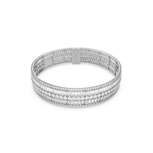 A Swarovski Mixed Cuts Crystal Hyperbola Choker with a detailed lattice design and sleek geometric patterns. Rhodium-plated for a smooth finish, this elegant piece features a refined clasp, representing exquisite craftsmanship by Swarovski.