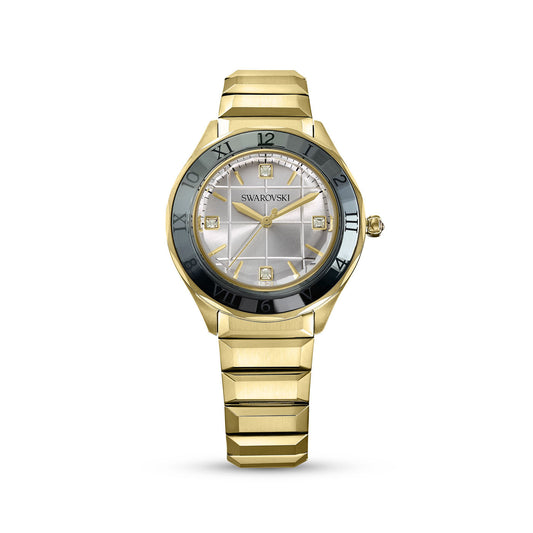 The Swarovski Dextera Quartz 37mm Watch boasts a gold-tone finish with a reflective silver dial, black bezel, and geometric hour markers. Its matching gold band and slim watch hands enhance its elegant design, making it ideal for those who appreciate an industrial chic aesthetic.