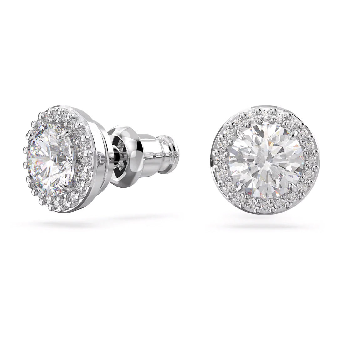 A pair of Swarovski Una Angelic Stud Earrings, featuring rhodium-plated diamond studs set in silver-toned metal with round-cut diamonds surrounded by smaller stones. These exquisite earrings resemble classic Swarovski designs and have a post-style back.