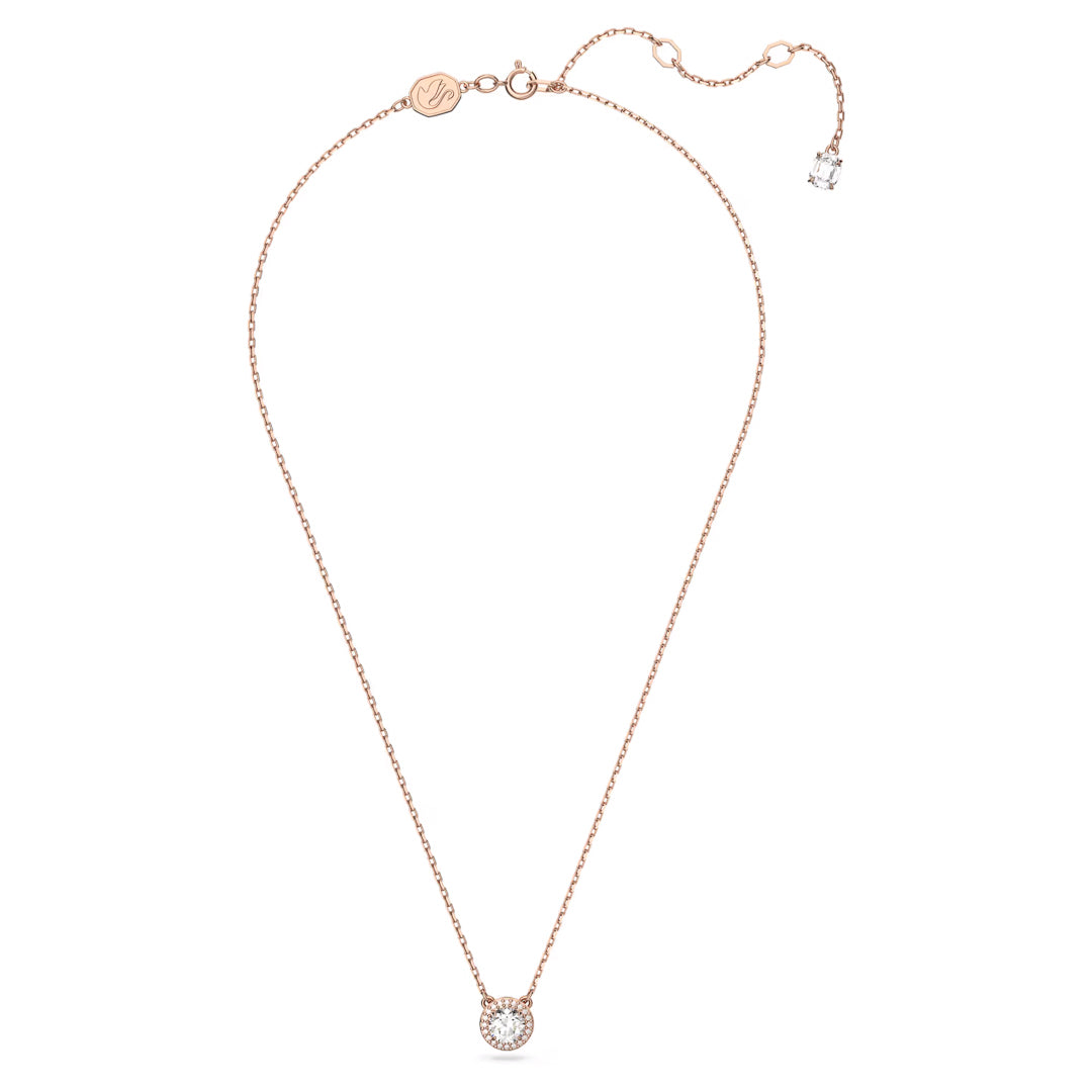 Introducing the Swarovski Una Angelic Necklace Pendant, a finely crafted rose gold-tone piece adorned with a central Swarovski pendant featuring small, clear crystals. The necklace includes an adjustable clasp and is complemented by a small square charm near the pendant.