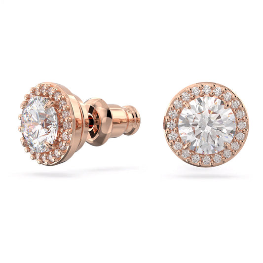Swarovski's Una Angelic Stud Earrings are an elegant and luxurious pair of rose gold-tone earrings, featuring large round center gemstones encircled by dazzling Swarovski pavé. Designed with a post-back closure, these exquisite earrings are beautifully presented against a plain white background.