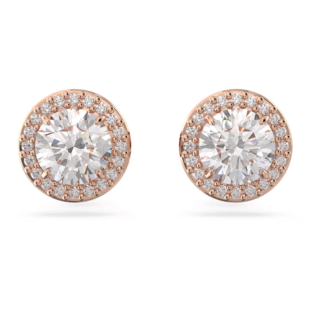 The Swarovski Una Angelic Stud Earrings feature large central diamonds encircled by a halo of smaller Swarovski pavé, all set in rose gold-tone for a sparkling and elegant appearance.