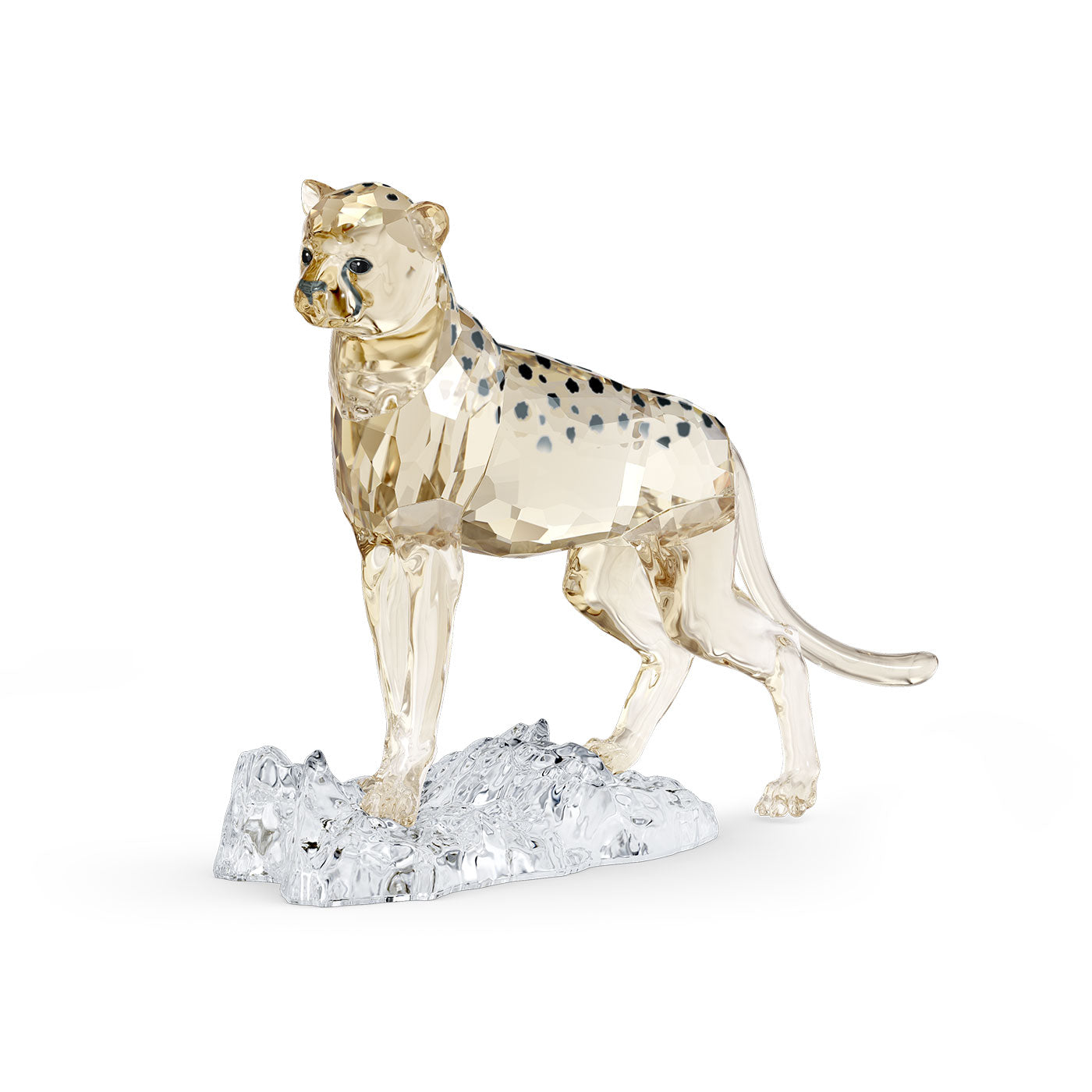 This exquisite Swarovski creation, named the Elegance of Africa SCS Cheetah Baby Jabari, is a crystal figurine featuring a cheetah poised on a rocky base. It showcases an elegant and lifelike stance with faceted, translucent material adorned with black spots and a long tail, set against a simple white background.