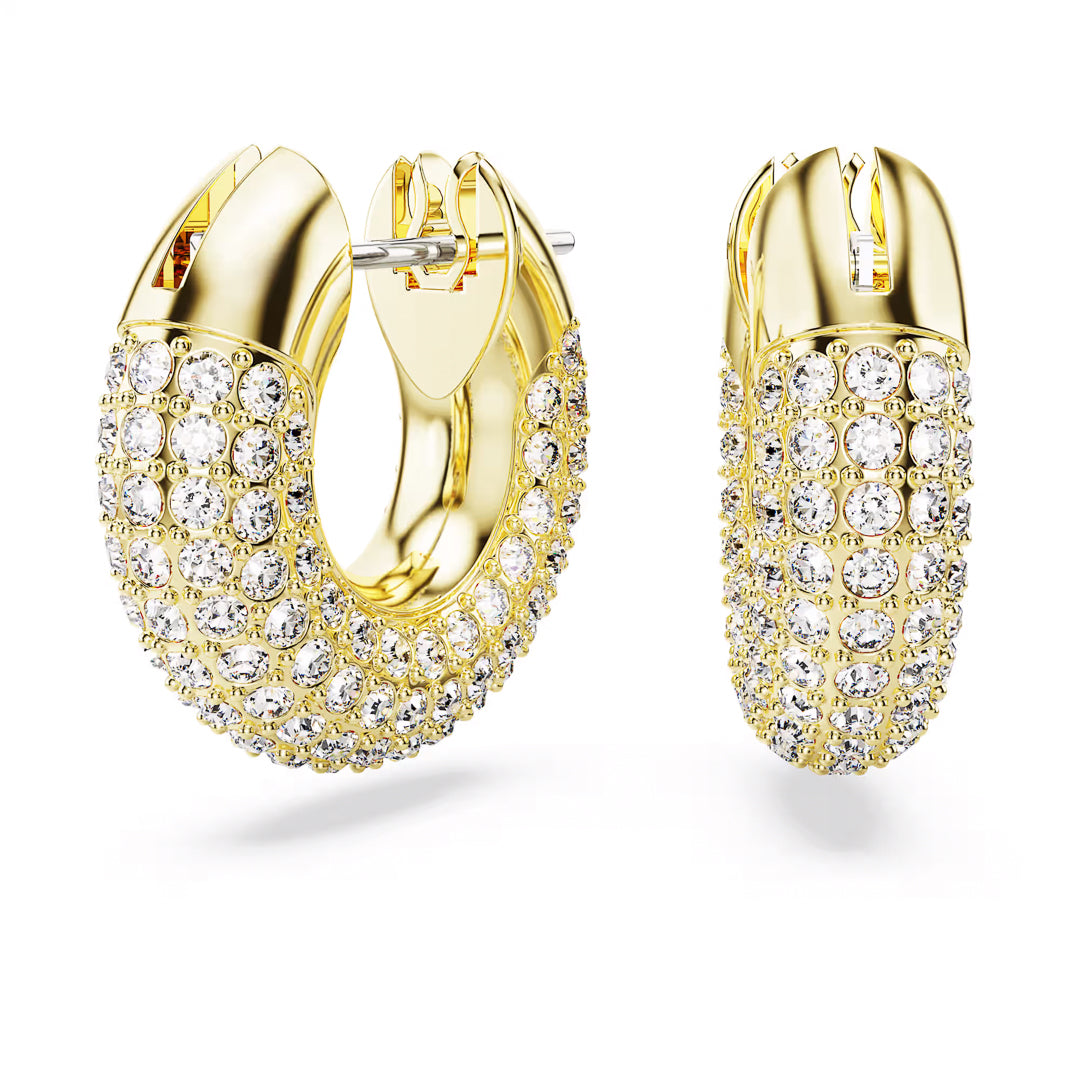 A pair of sophisticated Swarovski Dextera Hoop Earrings, beautifully encrusted with numerous shimmering white Swarovski Pavé gemstones, is showcased against a white background. The earrings feature a rounded design and have a visible latch closure.