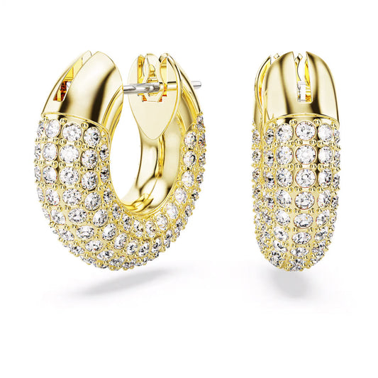 A pair of sophisticated Swarovski Dextera Hoop Earrings, beautifully encrusted with numerous shimmering white Swarovski Pavé gemstones, is showcased against a white background. The earrings feature a rounded design and have a visible latch closure.