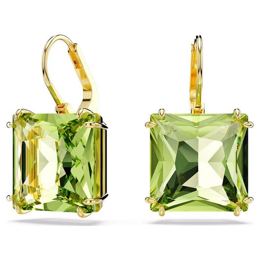 The Swarovski Millenia Drop Earrings feature bold, square-cut green gemstones secured by four prongs. The elegant gold hooks provide a sleek design that beautifully complements the vibrant stones.