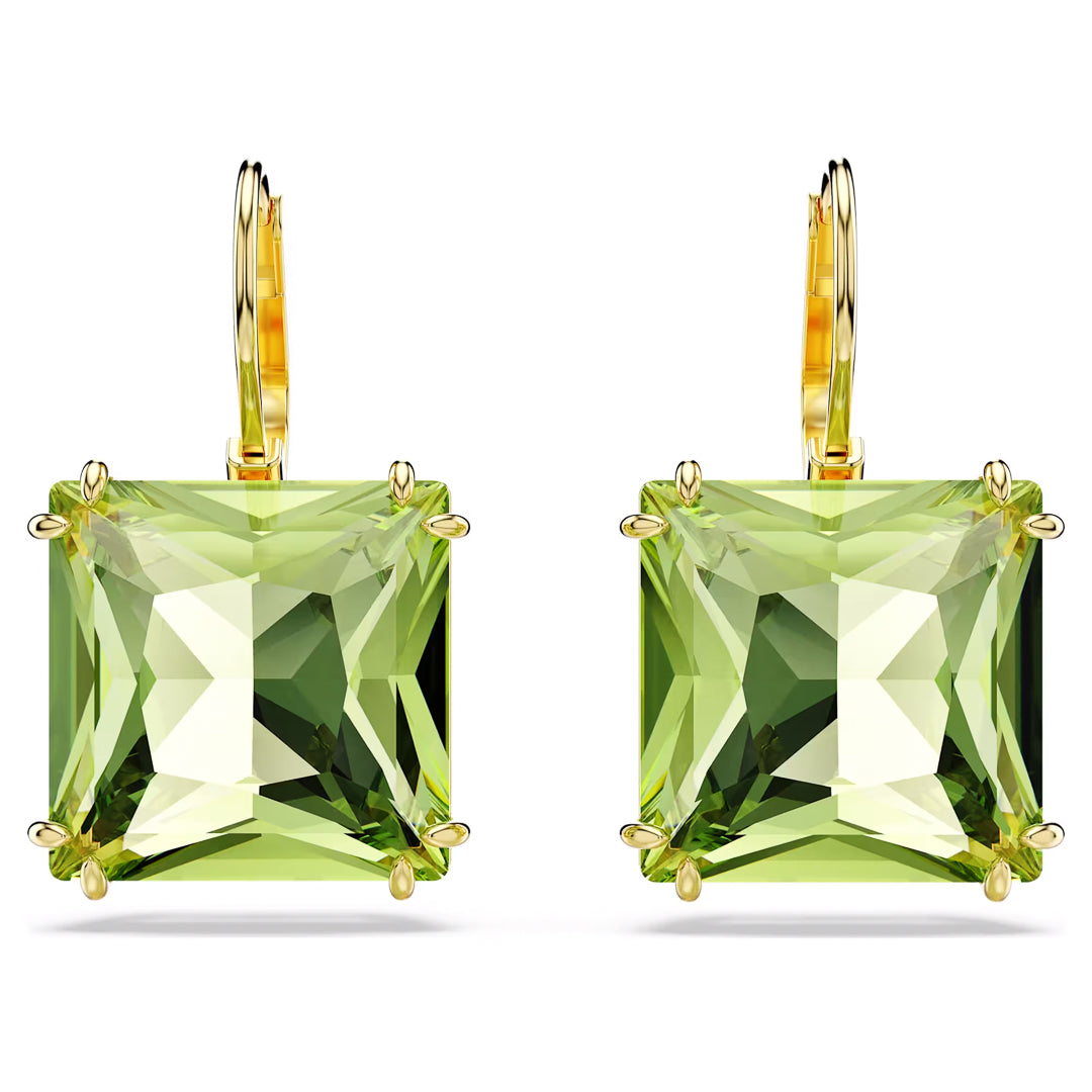 Featuring square-cut green gemstones, the Swarovski Millenia Drop Earrings from Swarovski are elegantly set in gold with lever-back closures and are showcased on a white background. The stones reflect light beautifully, emphasizing their facets and clarity.