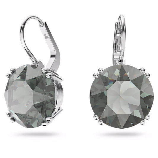 Close-up of two Swarovski Millenia Drop Earrings by Swarovski, each showcasing a large, round-cut gray gemstone. The rhodium-plated leverback clasp and polished metal setting enhance the sparkle of the stones.