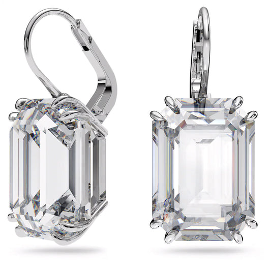 The Swarovski Millenia Drop Earrings are a sophisticated pair featuring large, emerald-cut clear stones set in rhodium-plated silver metal. As part of the Millenia family by Swarovski, these earrings have leverback clasps for secure wear and a modern design that highlights the brilliance of the stones.