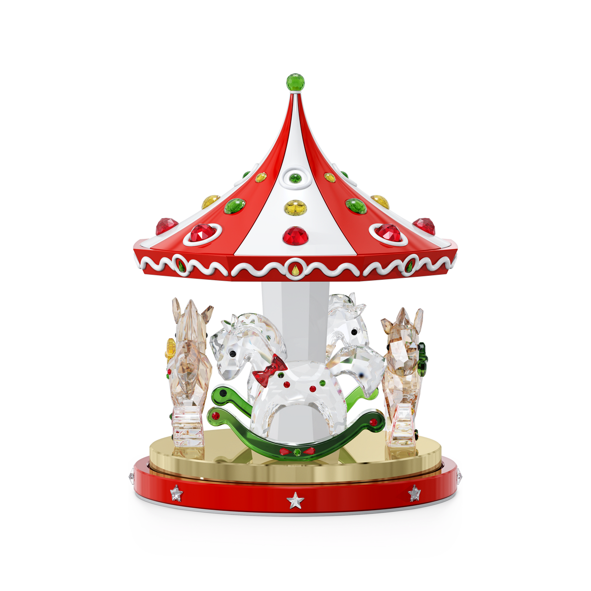 Introducing the Swarovski Holiday Cheers Carousel by Swarovski—a charming crystal centerpiece featuring a decorative rotational carousel design with a red and white striped roof, colorful gems, and four clear horse figures on a gold base, beautifully set against a plain white background—perfect for holiday décor.