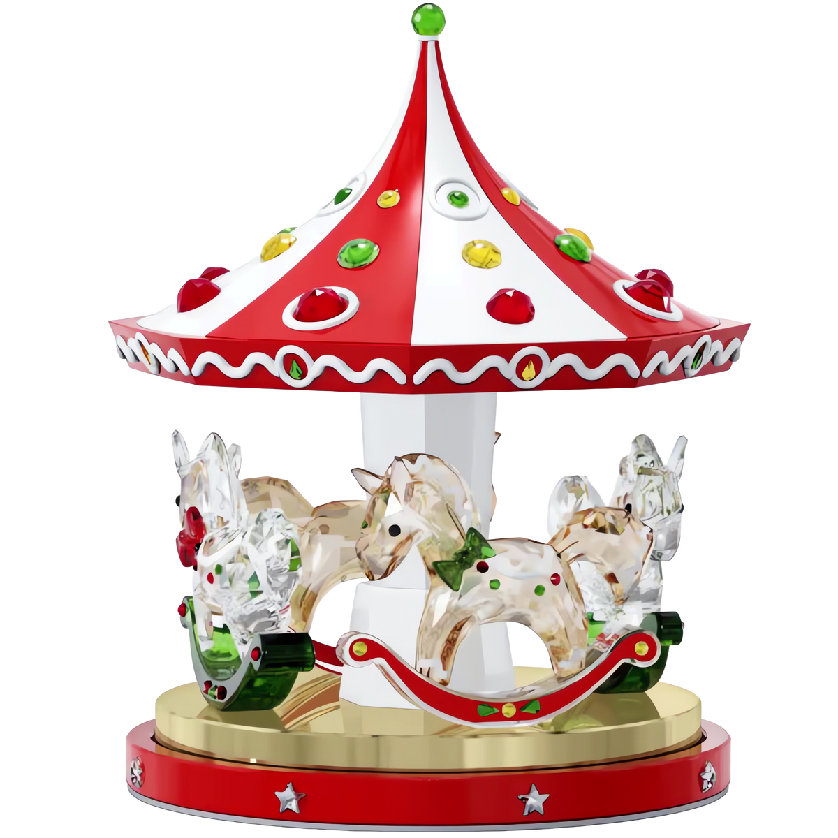 Introducing the Swarovski Holiday Cheers Carousel by Swarovski—a vibrant rotational figurine featuring a red and white canopy, gold base, and four crystal-clear horse figures adorned with green and red accents. Perfect as an eye-catching crystal centerpiece or festive holiday décor.