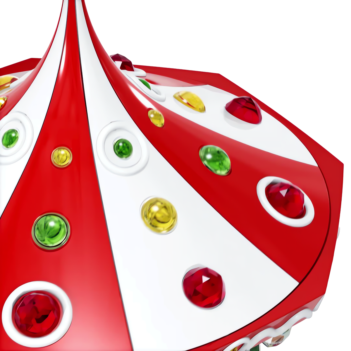 A close-up of the Swarovski Holiday Cheers Carousel by Swarovski, featuring a red and white canopy adorned with shiny, colorful gemstone-like ornaments in green, yellow, and red on a white background—a festive touch that makes this sparkling carousel perfect for holiday décor.